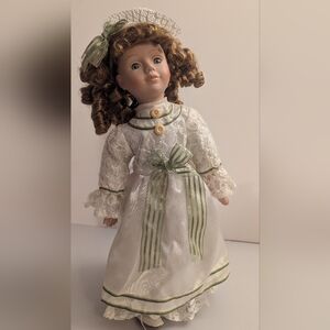 Vintage Collectible Doll In Lacey Off White Dress W/Green Bows & Crochet Hat 16"